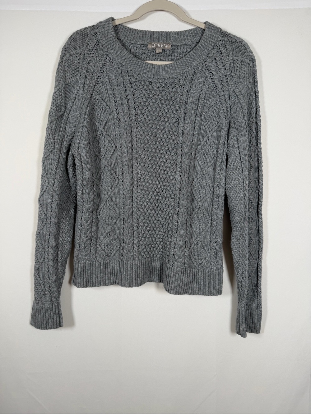 J. Crew Light Gray Cable-Knit Crew Sweater Cotton, Coastal, Fisherman, Preppy